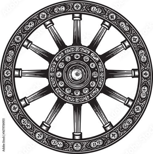 Detailed Dharma Wheel Depiction with Intricate Ornamentation and