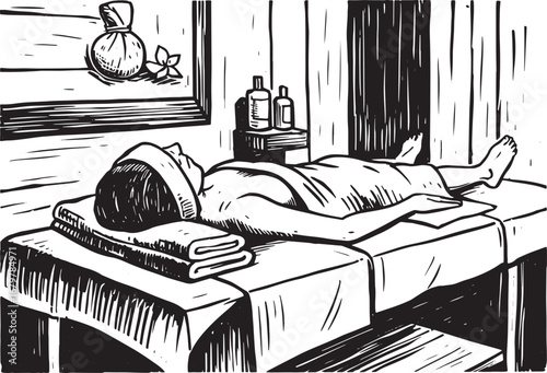 Monochrome Serenity: Woodcut Style Spa Illustration with Relaxin