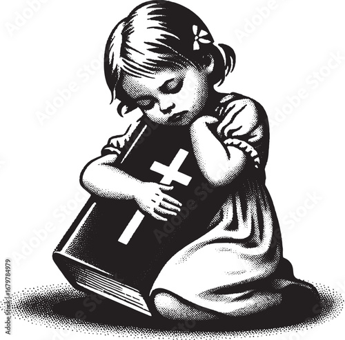 Illustration of a child praying with a cross, symbolizing faith, hope, and spiritual connection