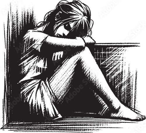 Illustration of a sad and lonely woman sitting alone in a corner, feeling down and isolated