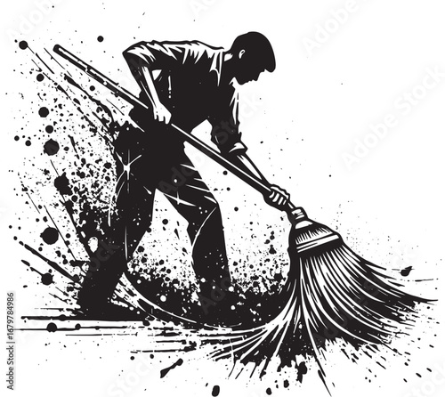 Cleaning and sweeping graphic silhouette of a person using a broom to clean the area