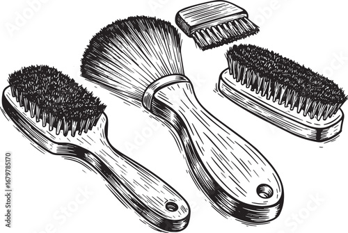 Assorted Grooming Brushes in Woodcut Style: A Classic Black and