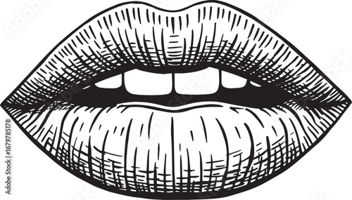 Monochrome lips in linear drawing style, isolated on white backg