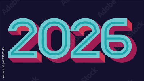 Bold 3d text with the year 2026 in teal and pink against a dark background
