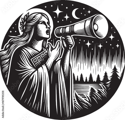 Illustration of a woman with a megaphone in a night scene with stars and trees