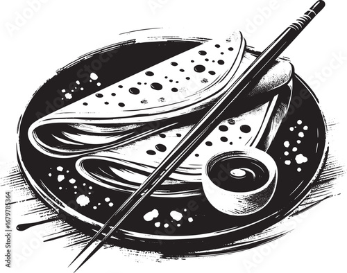 Elegant sumi-e crepe illustration with chopsticks and dipping sa