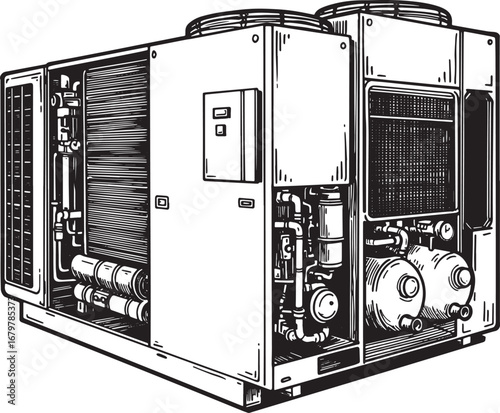 Detailed woodcut illustration of complex industrial refrigeratio
