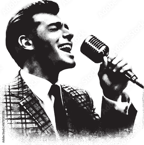 Vintage Illustration of a Singer Performing with a Microphone in a Retro Style