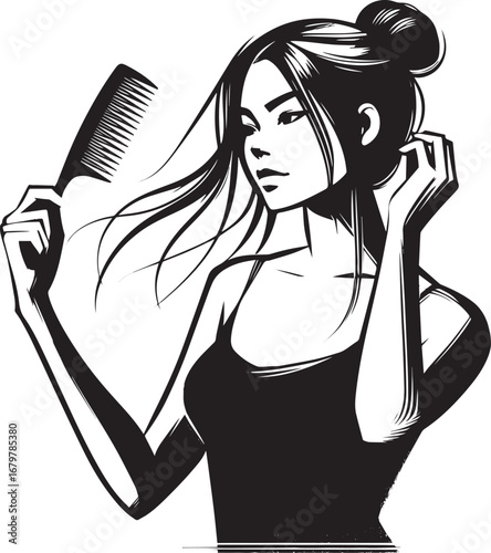 Woman in poised moment: detangling her flowing hair with focus i
