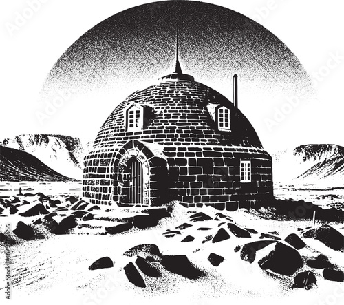 Black and white illustration of a unique brick building in a snowy, mountainous landscape