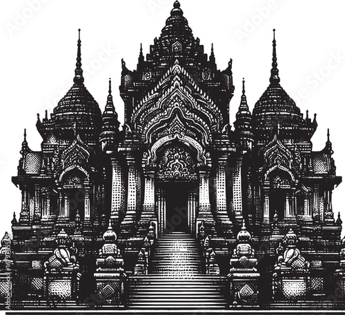 Detailed Black and White Illustration of an Ornate Temple Building Against a White Background