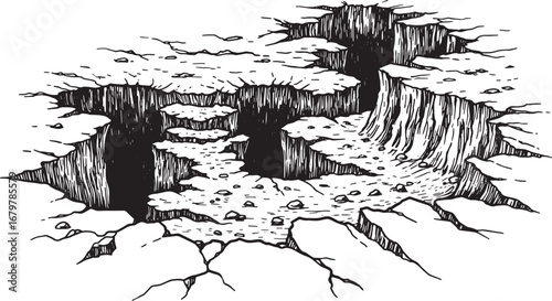 Dramatic chasm landscape detailed woodcut art, mysterious abyss