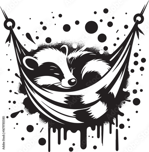 Black and white illustration of a relaxed raccoon resting in a hammock with paint splatter effect