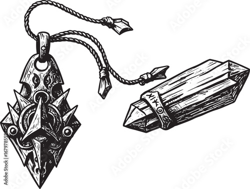 Mystical Amulet and Crystal Talisman: Black and White Woodcut St