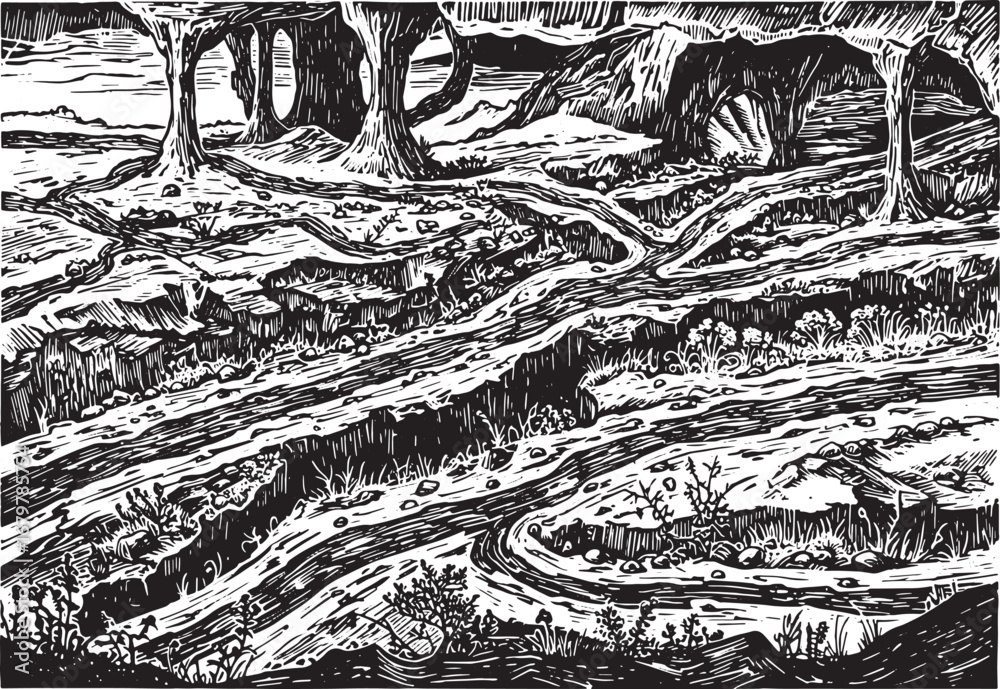 Naklejka premium Enigmatic carved landscape with subterranean watercourses in mon