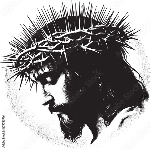 Illustration of Jesus Christ with a crown of thorns, a symbol of Christian faith and sacrifice