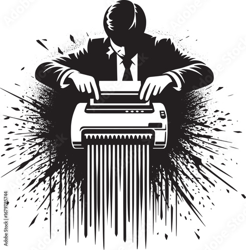 Conceptual illustration of a man shredding a document, symbolizing data destruction and security