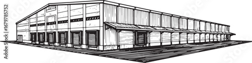 Elaborate industrial warehouse illustration in detailed woodcut