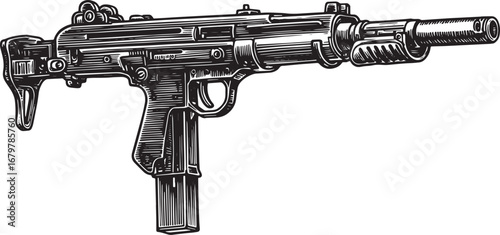 Detailed Woodcut Style Illustration of a Submachine Gun Isolated
