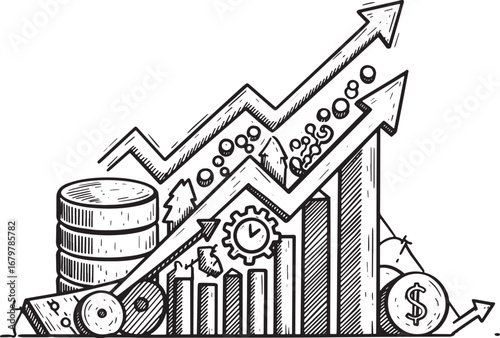 Hand-drawn financial growth chart depicting upward trends and mo