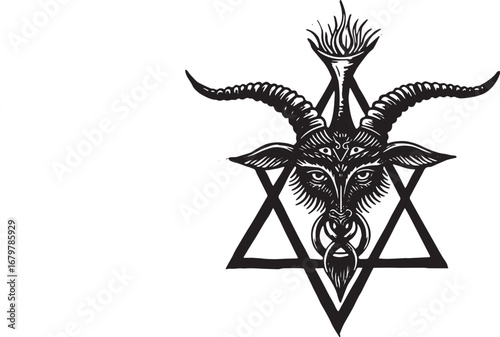 Intricate woodcut of a horned deity emblem, presented in stark b