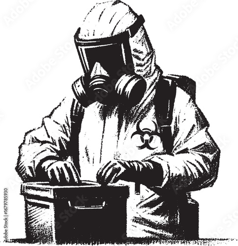 Person in Hazmat Suit Working with a Box Depicting a Dangerous Chemical Hazard