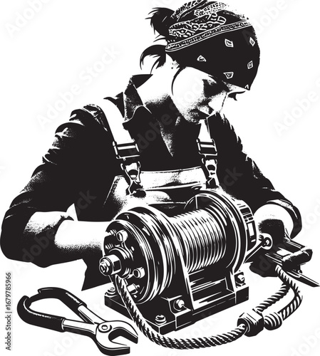 Woman repairing winch machine with tools, black and white vector illustration of mechanic