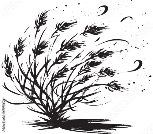 Elegant sumi-e style tumbleweed artwork, sparse monochrome brush