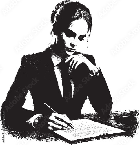Silhouette of a Businesswoman Working at a Desk, Focused and Concentrating on Documents