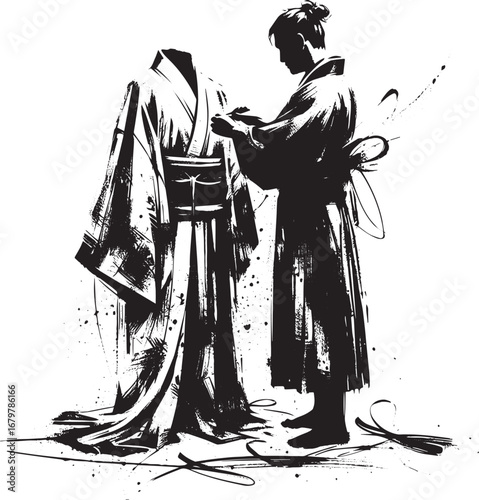 Serene preparation: a minimalist sumi-e illustration of traditio