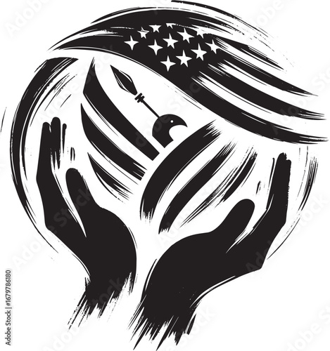 Minimalist sumi-e style icon portraying safeguarding freedom, un