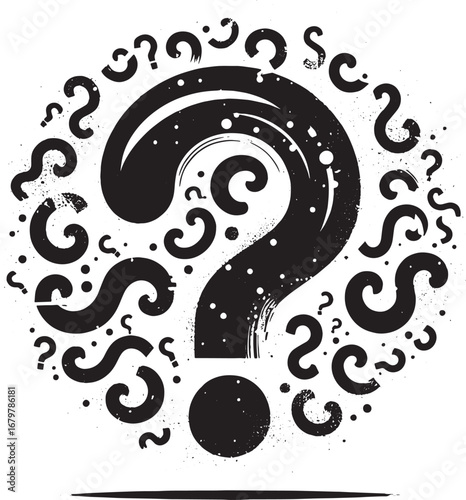 An artistic illustration of a large question mark surrounded by smaller question marks, a symbol