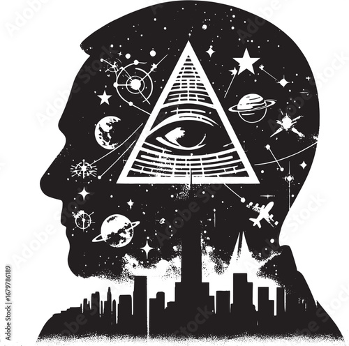 Conceptual Silhouette of a Head with Universe, Cityscape, and All-Seeing Eye Symbol