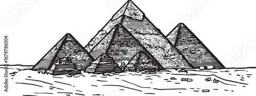 Mystic Egyptian Pyramids of Giza illustration in vintage Woodcut
