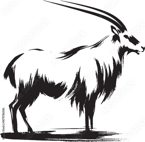 Elegant monochrome illustration of a majestic oryx animal with long horns, artistic brushstrokes