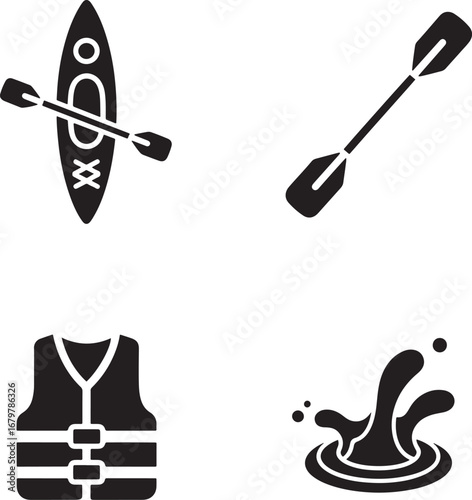 Kayaking adventure icons featuring kayak paddle life vest and water splash black and white illustration