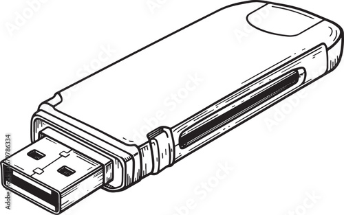 Monochrome illustration of portable usb drive in engraved vector