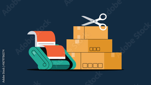 A stylized illustration of a conveyor belt with boxes and scissors on a dark blue background design