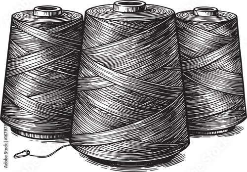 Monochrome cones wound with yarn, thread on an isolated white ba