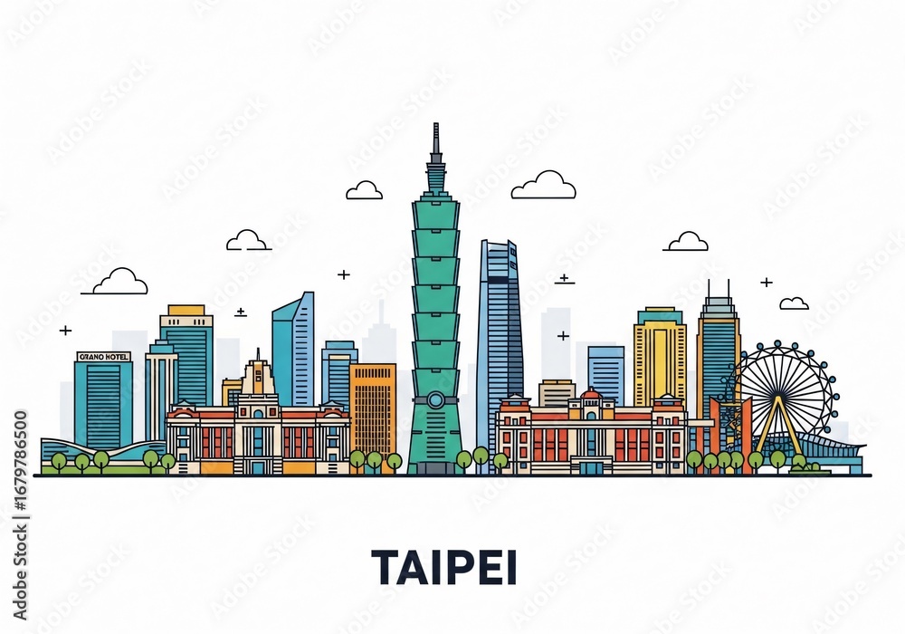 Obraz premium Colorful Taipei City Skyline Vector Illustration Isolated on White Background