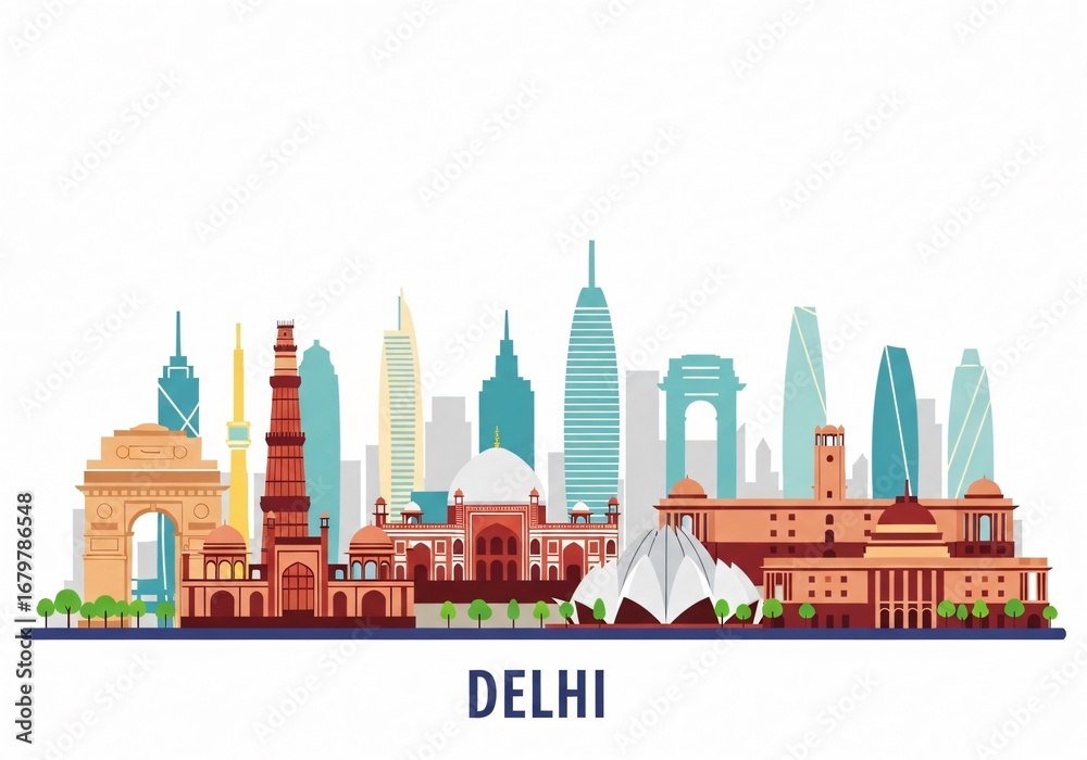 Fototapeta premium Colorful Delhi City Skyline Vector Illustration Isolated on White Background
