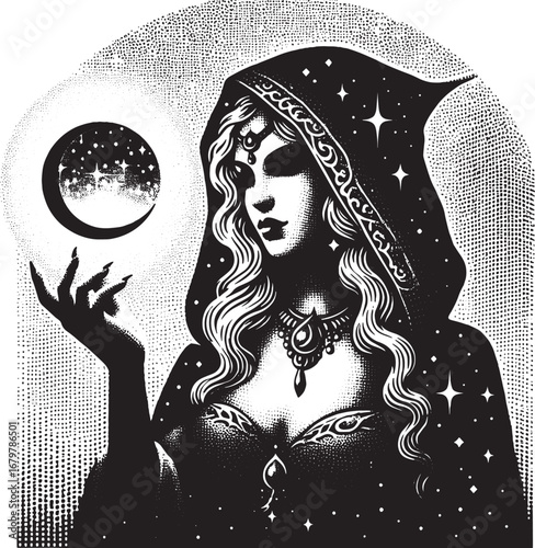 Mystical Artwork: A Hooded Figure Gazing at a Glowing Celestial Sphere in Black and White