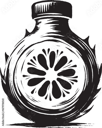 Minimalist sumi-e illustration of baobab juice bottle in black a