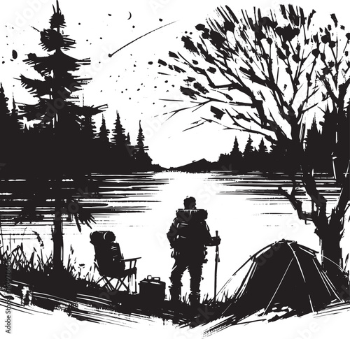 Monochrome serenity: A minimalist ink wash painting of lakeside
