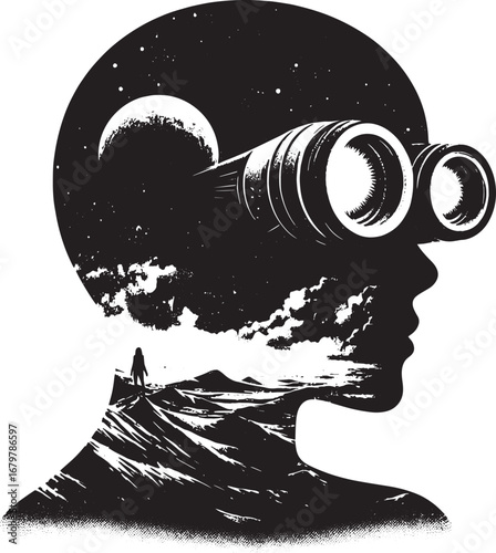 Conceptual artwork of a person using binoculars to view a landscape and the night sky