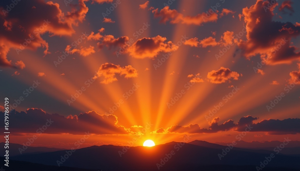 Fototapeta premium Inspiration showing sign, a radiant, dreamscape concept relating to or promoting an often specious sense of satisfaction, sunset orange hues, sparkling light, horizon tilt