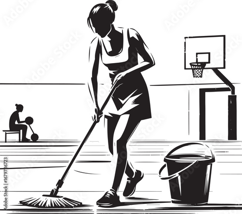 Monochrome illustration portraying a woman mopping a gymnasium f