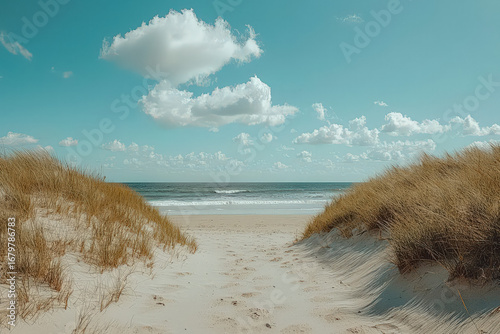 Fototapeta Naklejka Na Ścianę i Meble -  Serene beach scene with sandy dunes and breezy grass under a bright sky