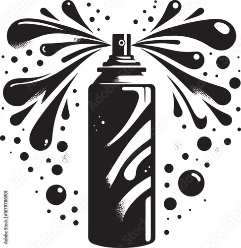 Artistic Black and White Illustration of a Spray Paint Can in Action with Splashes and Dots