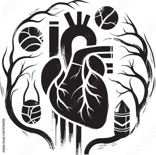Ink wash illustration of human heart with circulatory system ele